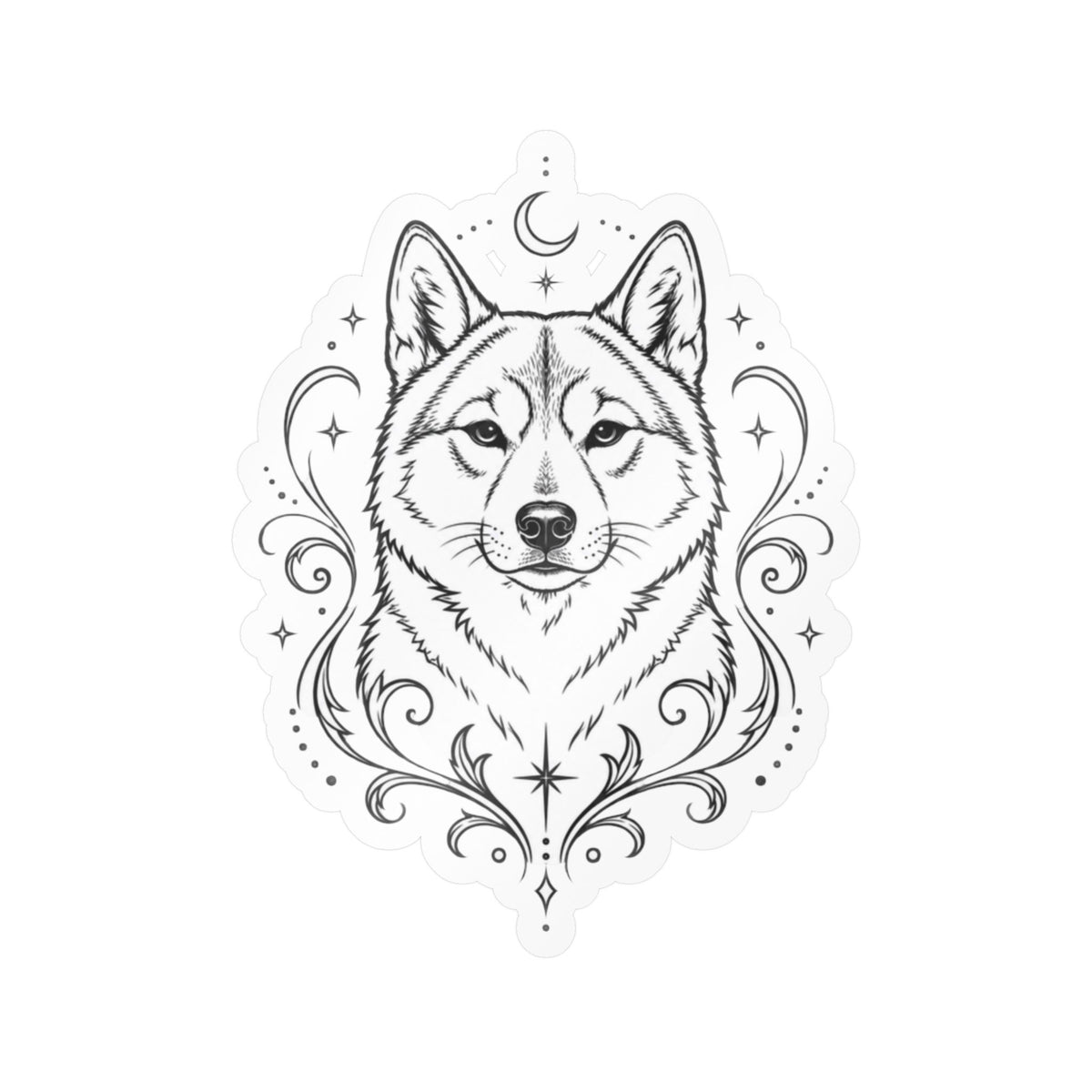 Mystical Shikoku Line Art Kiss-Cut Vinyl Sticker — Decorative Dog Portrait Decal