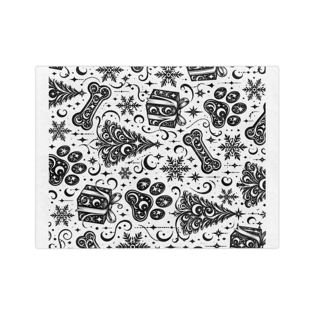 Holiday Pet Paw Print Microfiber Blanket — Black & White Christmas Tree, Gifts & Bones Pattern