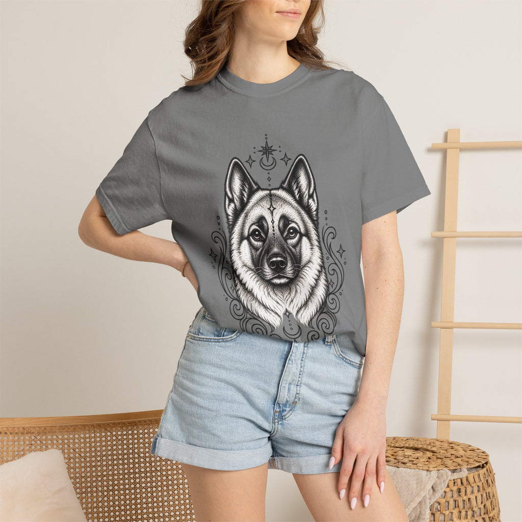 Mystical Norwegian Elkhound Line Art T-Shirt — Minimal Dog Portrait Tee