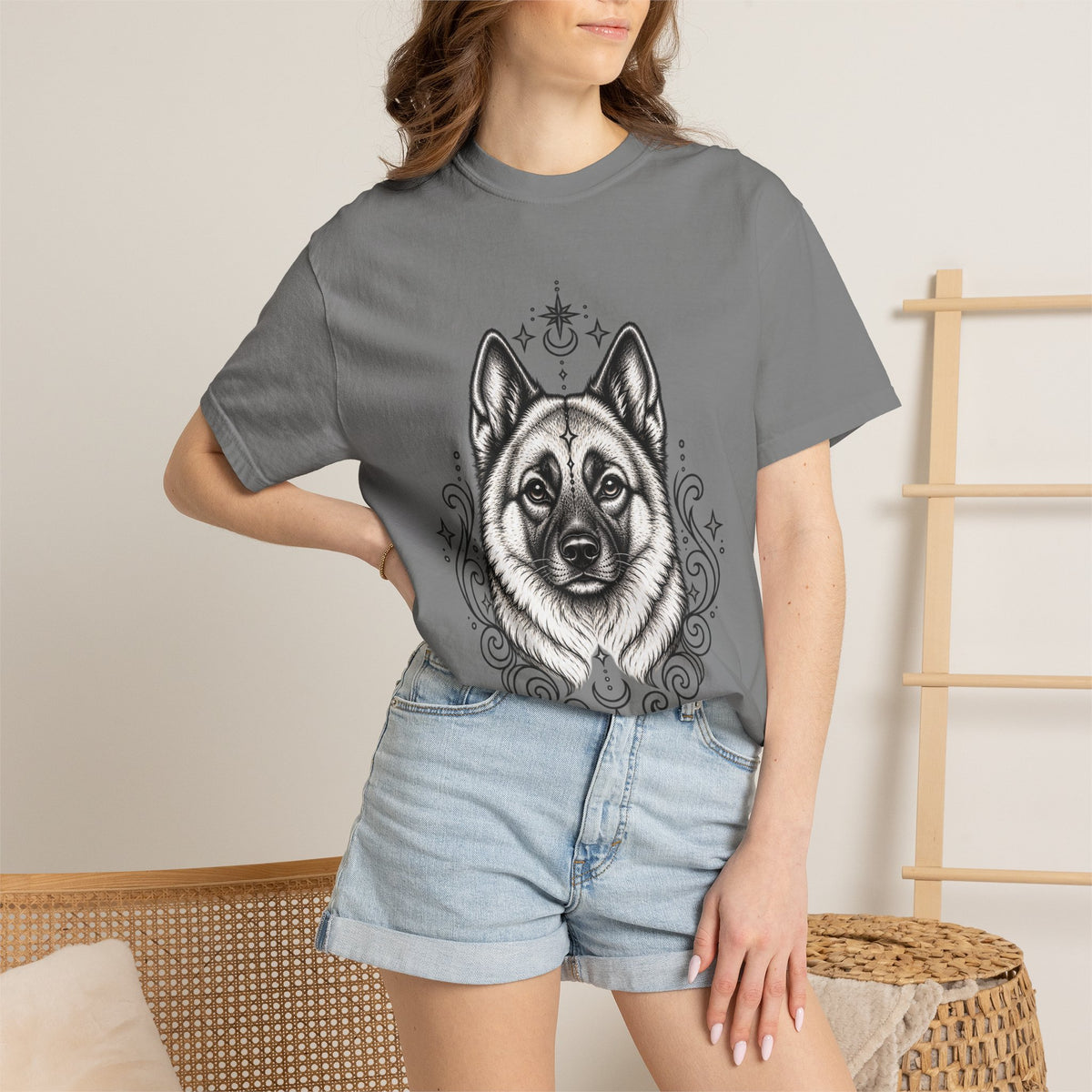 Mystical Norwegian Elkhound Line Art T-Shirt — Minimal Dog Portrait Tee