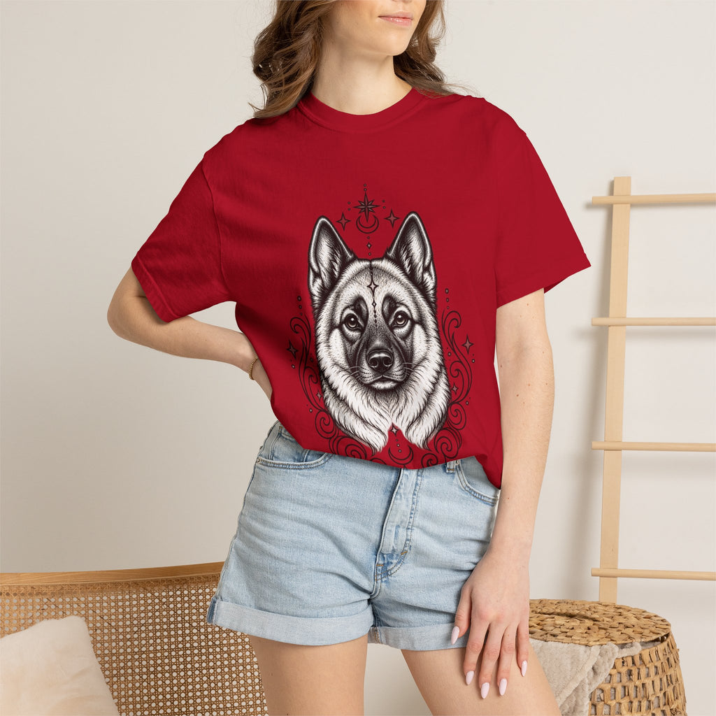 Mystical Norwegian Elkhound Line Art T-Shirt — Minimal Dog Portrait Tee