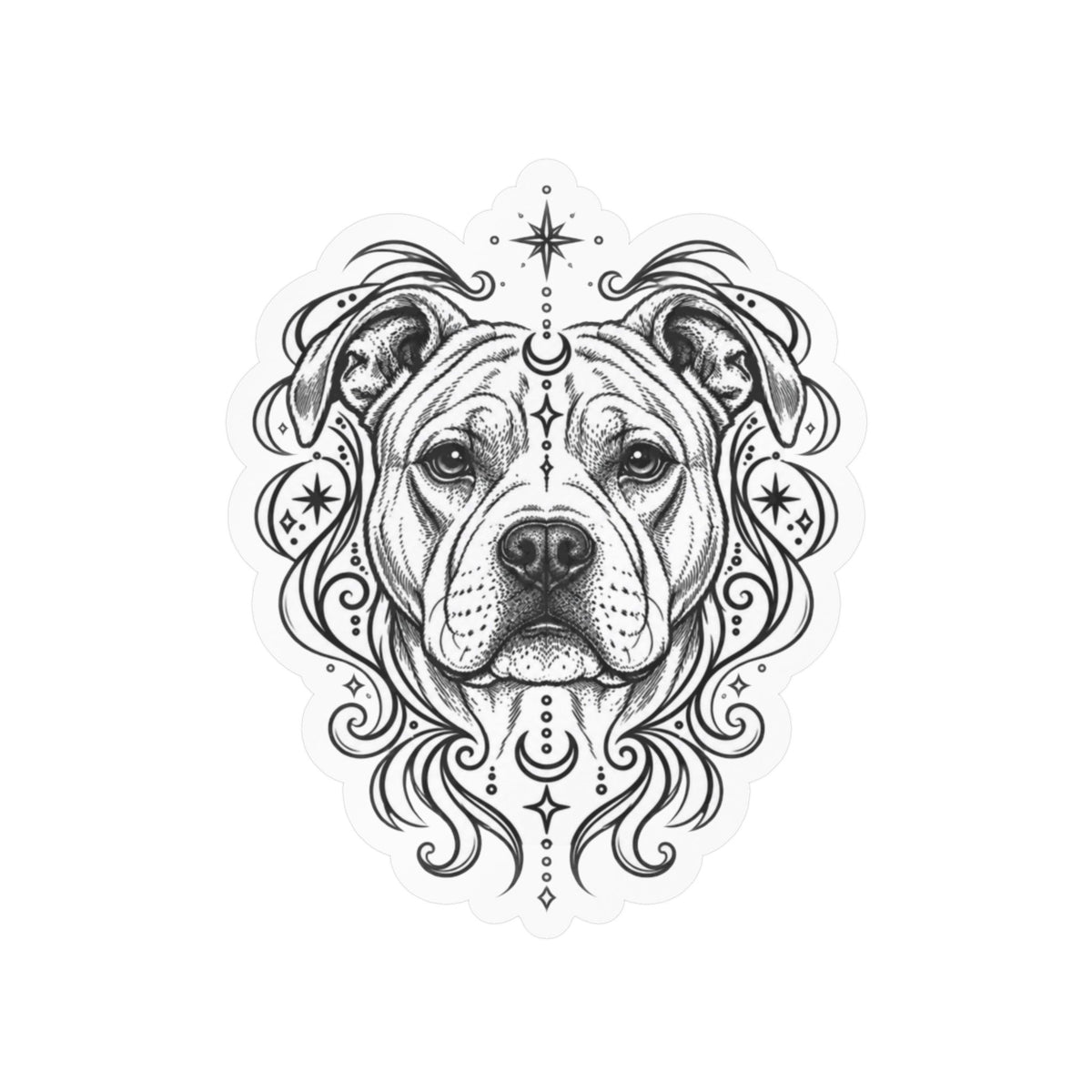 Mystical American Staffordshire Terrier Line Art Kiss-Cut Vinyl Sticker — Decorative Dog Portrait Decal