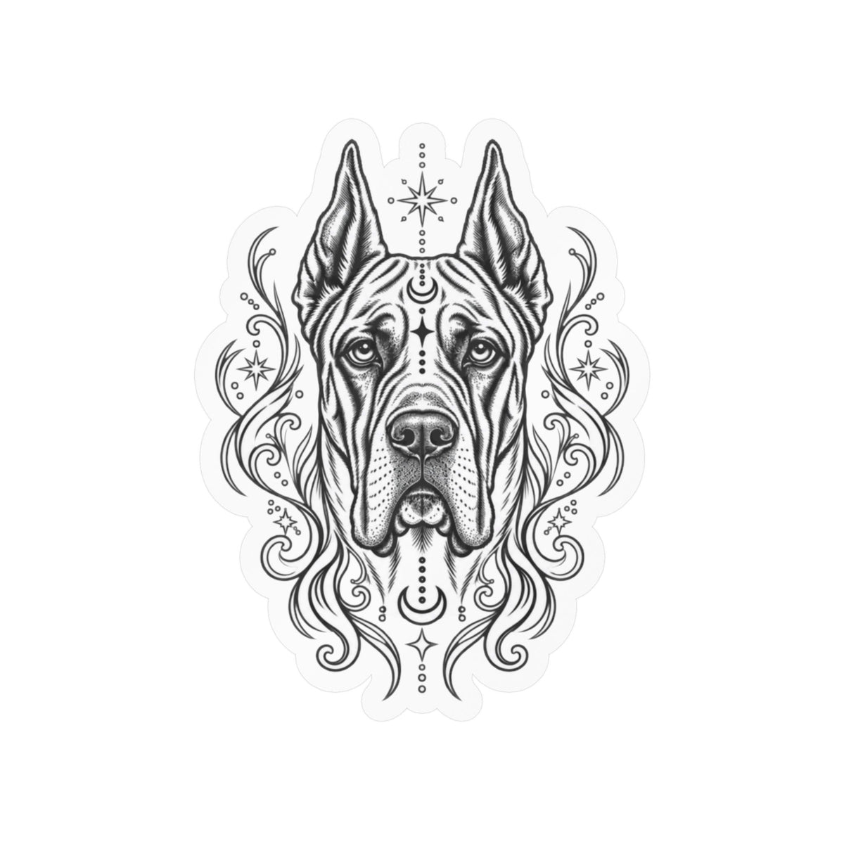 Mystical Great Dane CE Line Art Kiss-Cut Vinyl Sticker — Decorative Dog Portrait Decal