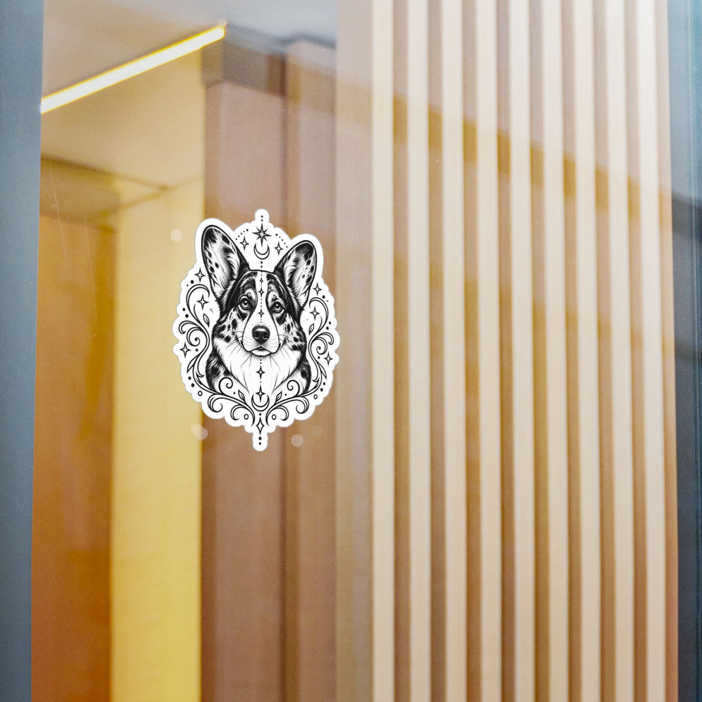 Mystical Cardigan Welsh Corgi Line Art Kiss-Cut Vinyl Sticker — Decorative Dog Portrait Decal