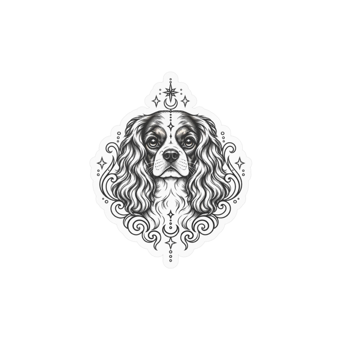 Mystical Cavalier King Charles Spaniel  Line Art Kiss-Cut Vinyl Sticker — Decorative Dog Portrait Decal