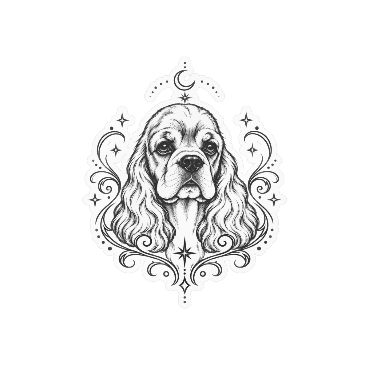 Mystical American Cocker Spaniel Line Art Kiss-Cut Vinyl Sticker — Decorative Dog Portrait Decal