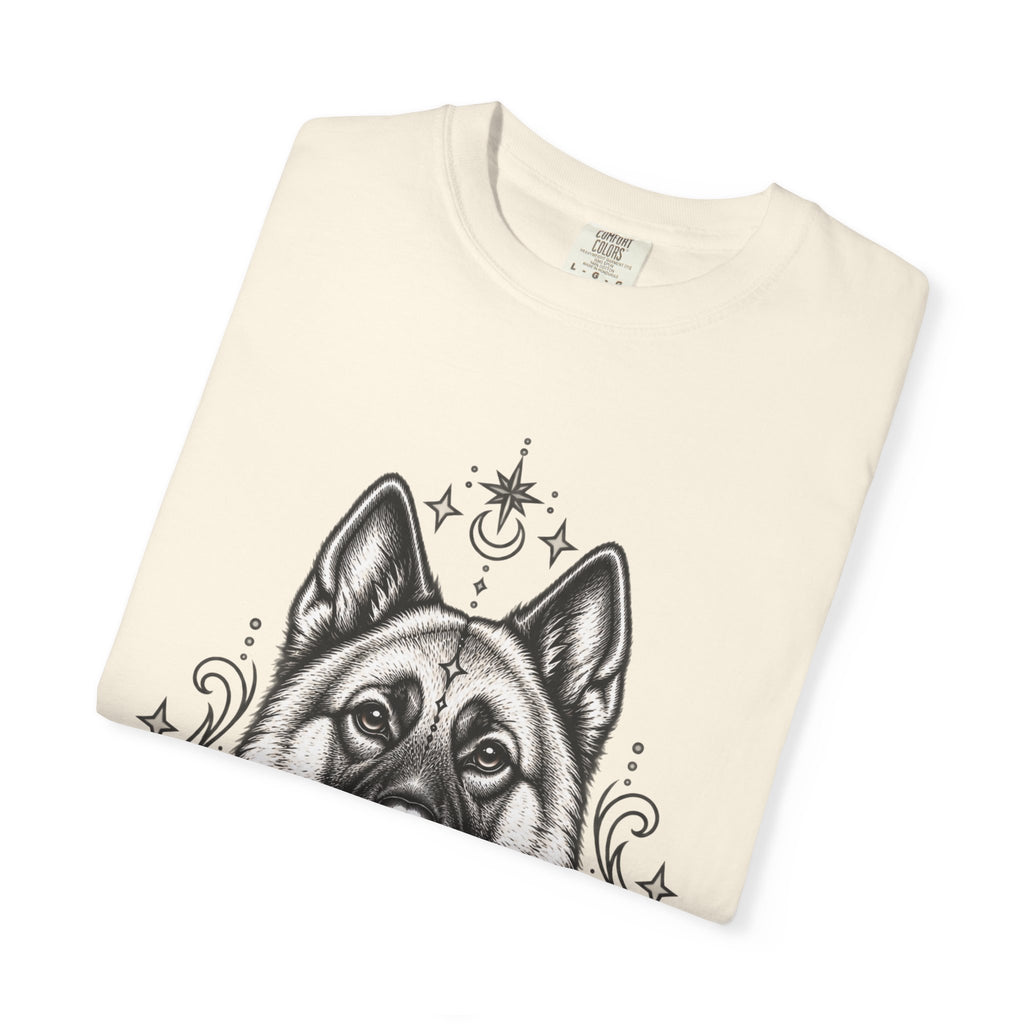 Mystical Norwegian Elkhound Line Art T-Shirt — Minimal Dog Portrait Tee