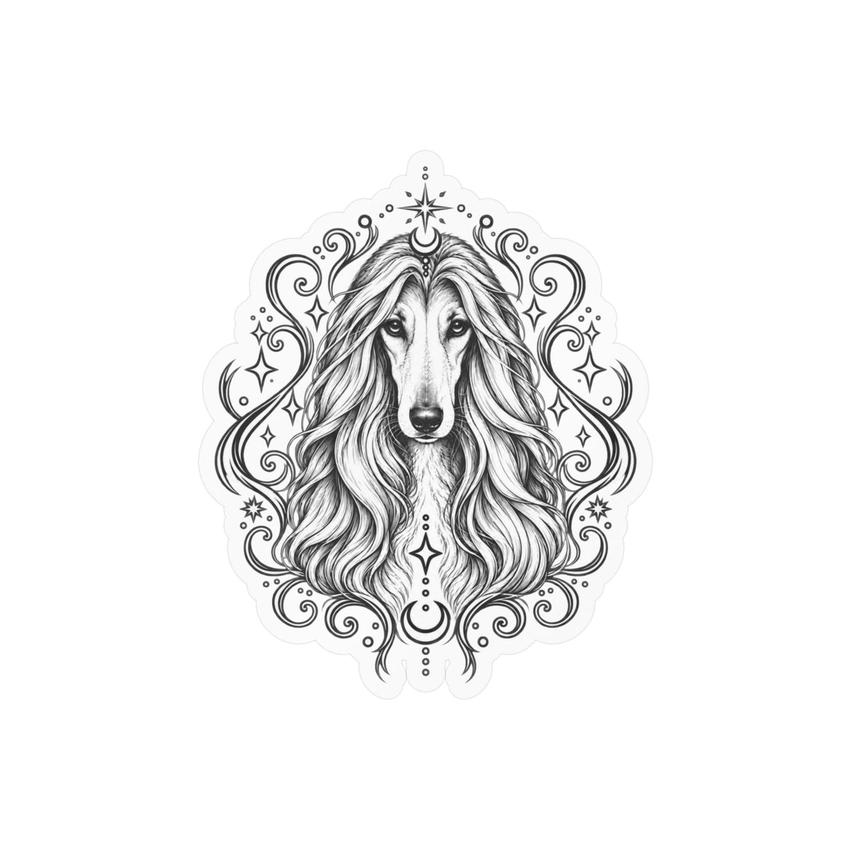 Mystical Afghan Hound Line Art Kiss-Cut Vinyl Sticker — Decorative Dog Portrait Decal