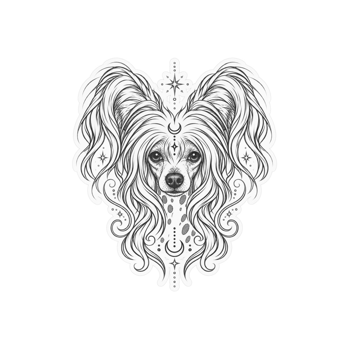 Mystical Chinese Crested Line Art Kiss-Cut Vinyl Sticker — Decorative Dog Portrait Decal