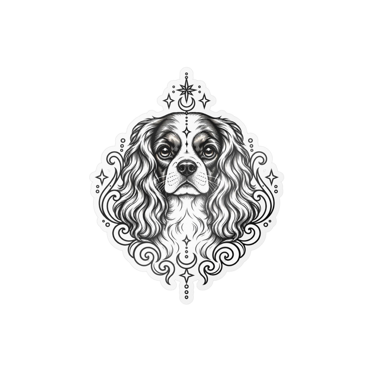 Mystical Cavalier King Charles Spaniel  Line Art Kiss-Cut Vinyl Sticker — Decorative Dog Portrait Decal