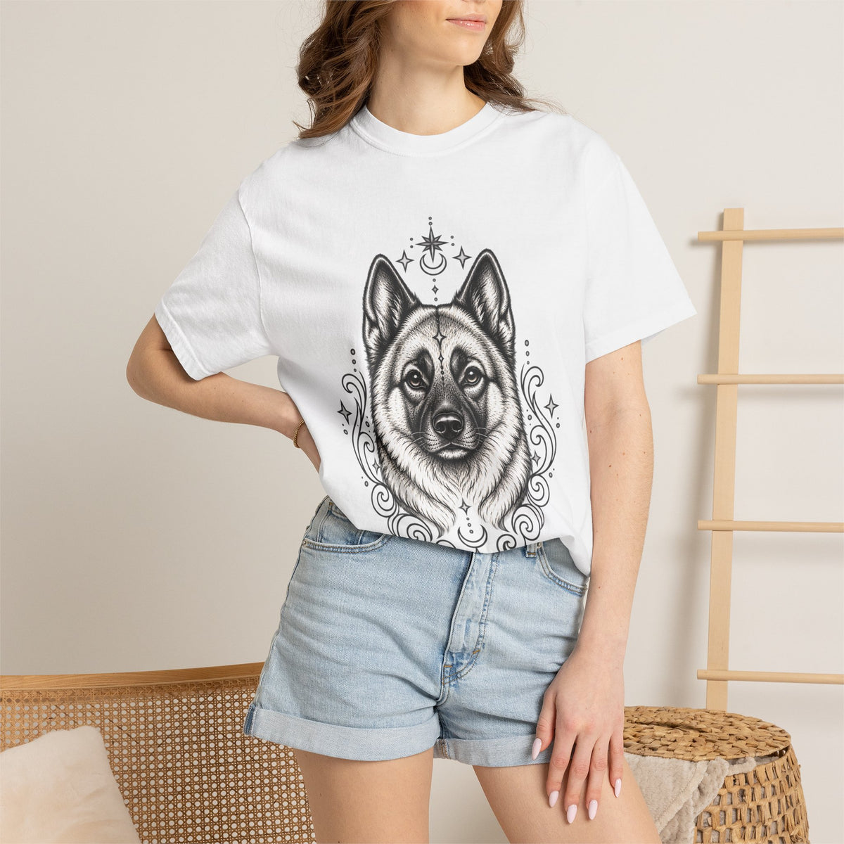 Mystical Norwegian Elkhound Line Art T-Shirt — Minimal Dog Portrait Tee