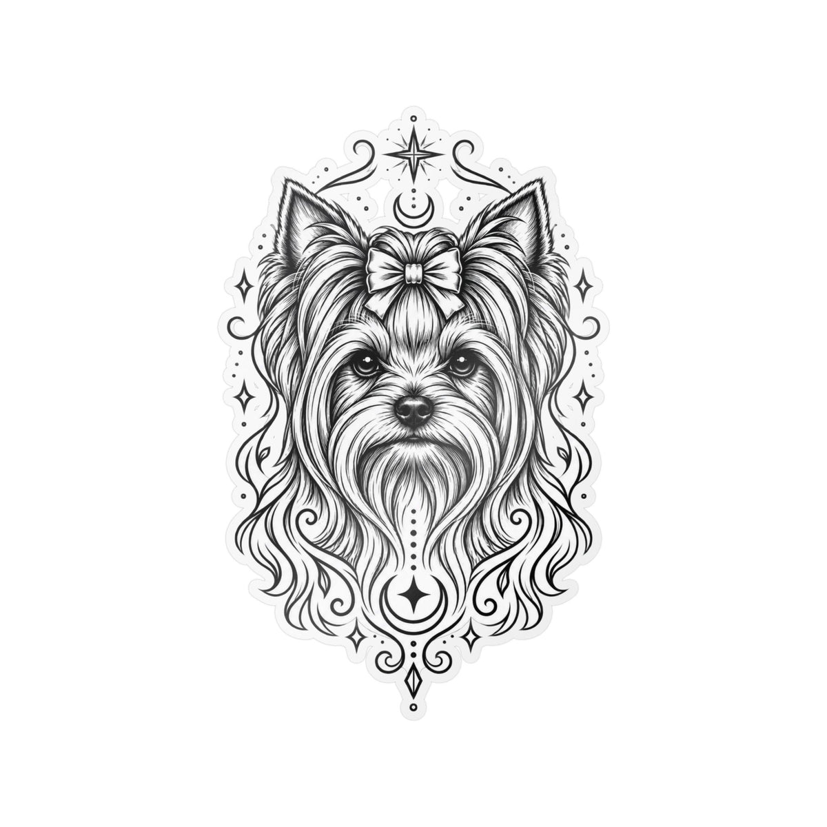 Mystical Yorkshire Terrier Line Art Kiss-Cut Vinyl Sticker — Decorative Dog Portrait Decal