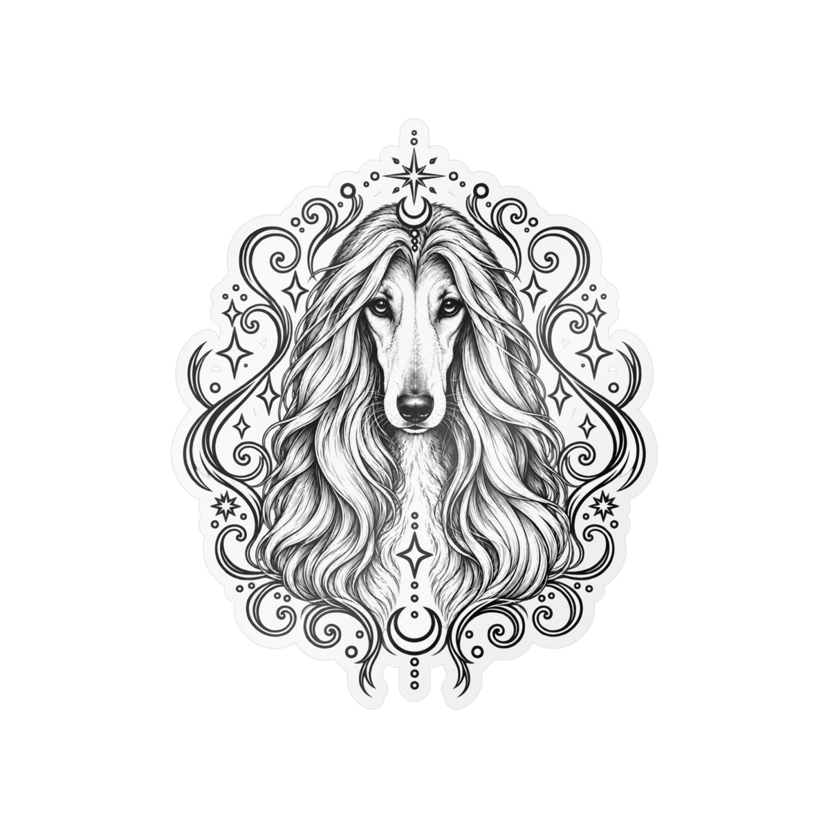 Mystical Afghan Hound Line Art Kiss-Cut Vinyl Sticker — Decorative Dog Portrait Decal