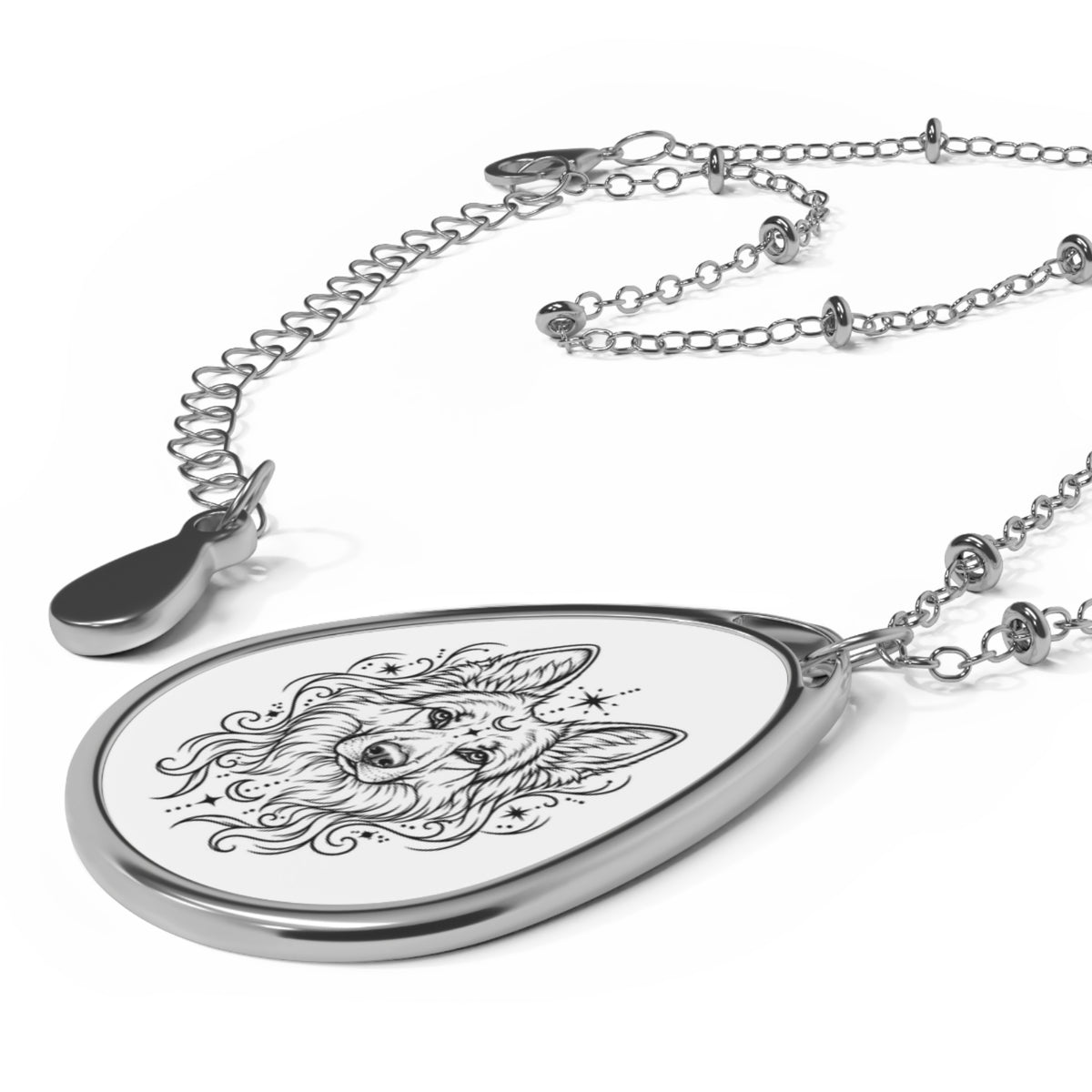 Mystical White Swiss Shepherd Oval Necklace — Engraved Pet Memorial Pendant