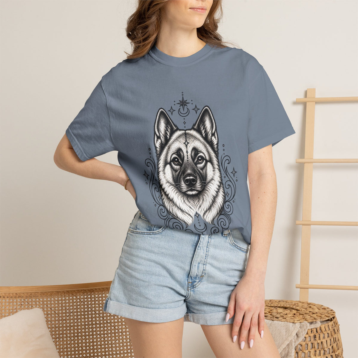 Mystical Norwegian Elkhound Line Art T-Shirt — Minimal Dog Portrait Tee