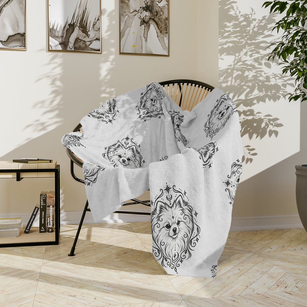Mystical Pomeranian Minimalist Velveteen Microfiber Blanket — Soft Neutral Pet Portrait Throw
