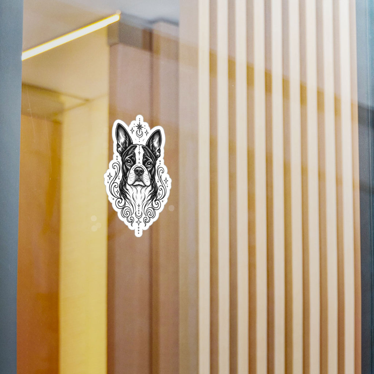 Mystical Boston Terrier Line Art Kiss-Cut Vinyl Sticker — Decorative Dog Portrait Decal