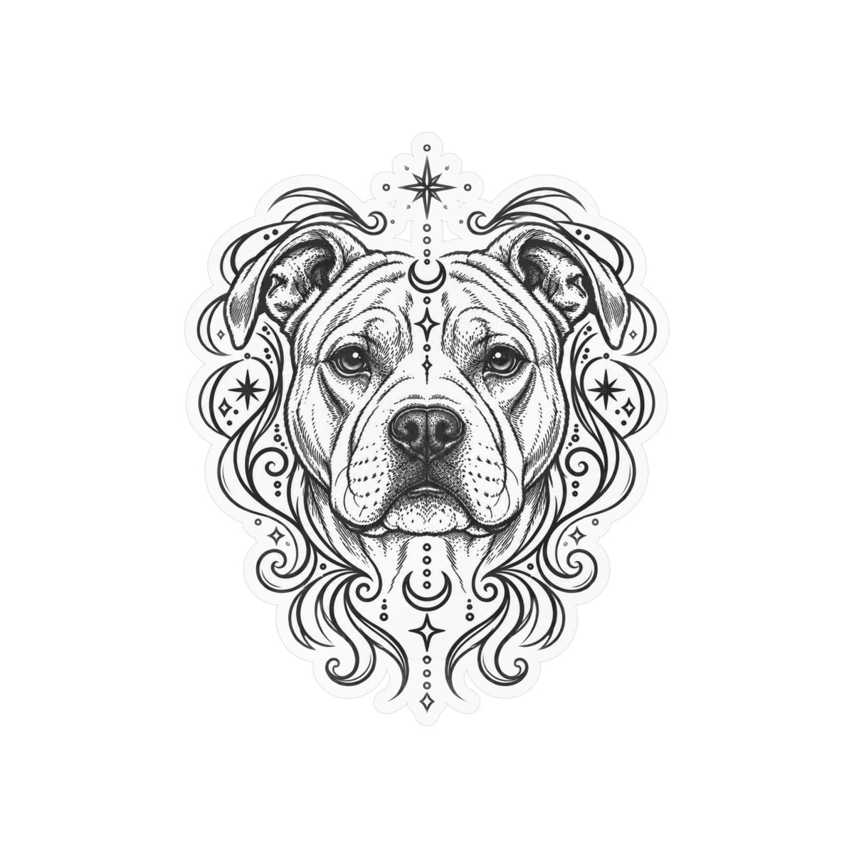 Mystical American Staffordshire Terrier Line Art Kiss-Cut Vinyl Sticker — Decorative Dog Portrait Decal