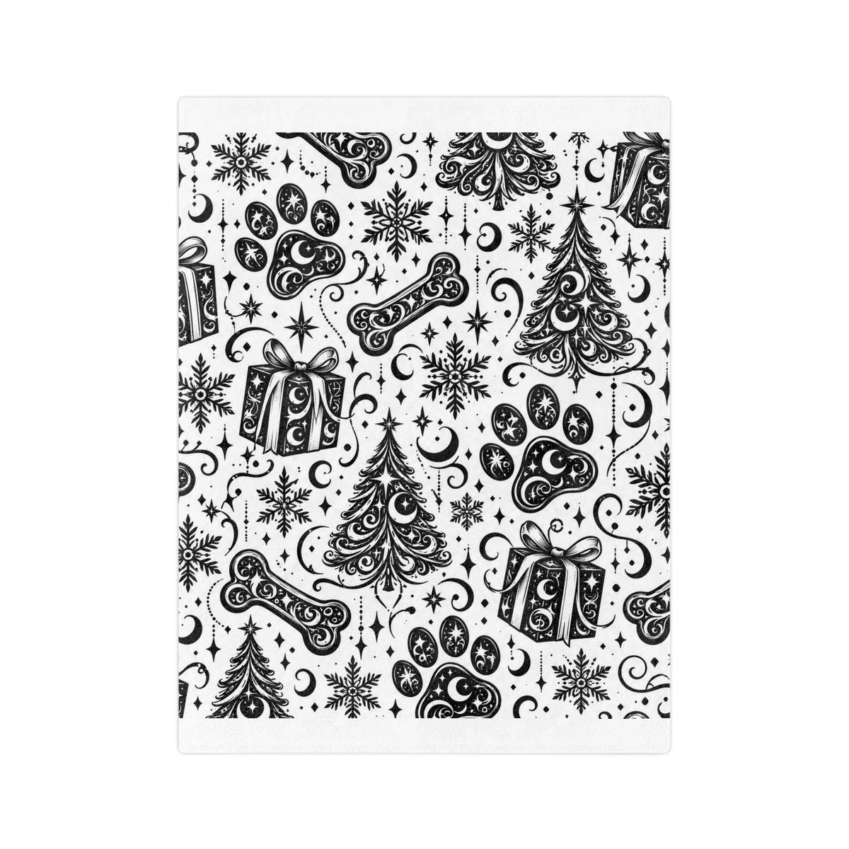 Holiday Pet Paw Print Microfiber Blanket — Black & White Christmas Tree, Gifts & Bones Pattern