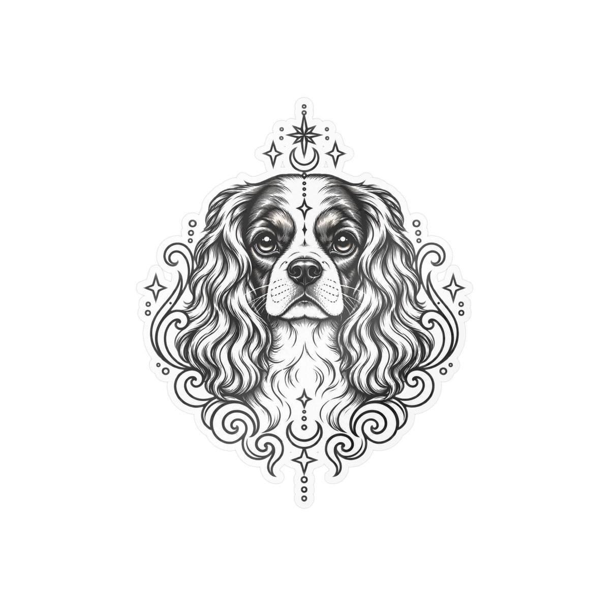 Mystical Cavalier King Charles Spaniel  Line Art Kiss-Cut Vinyl Sticker — Decorative Dog Portrait Decal