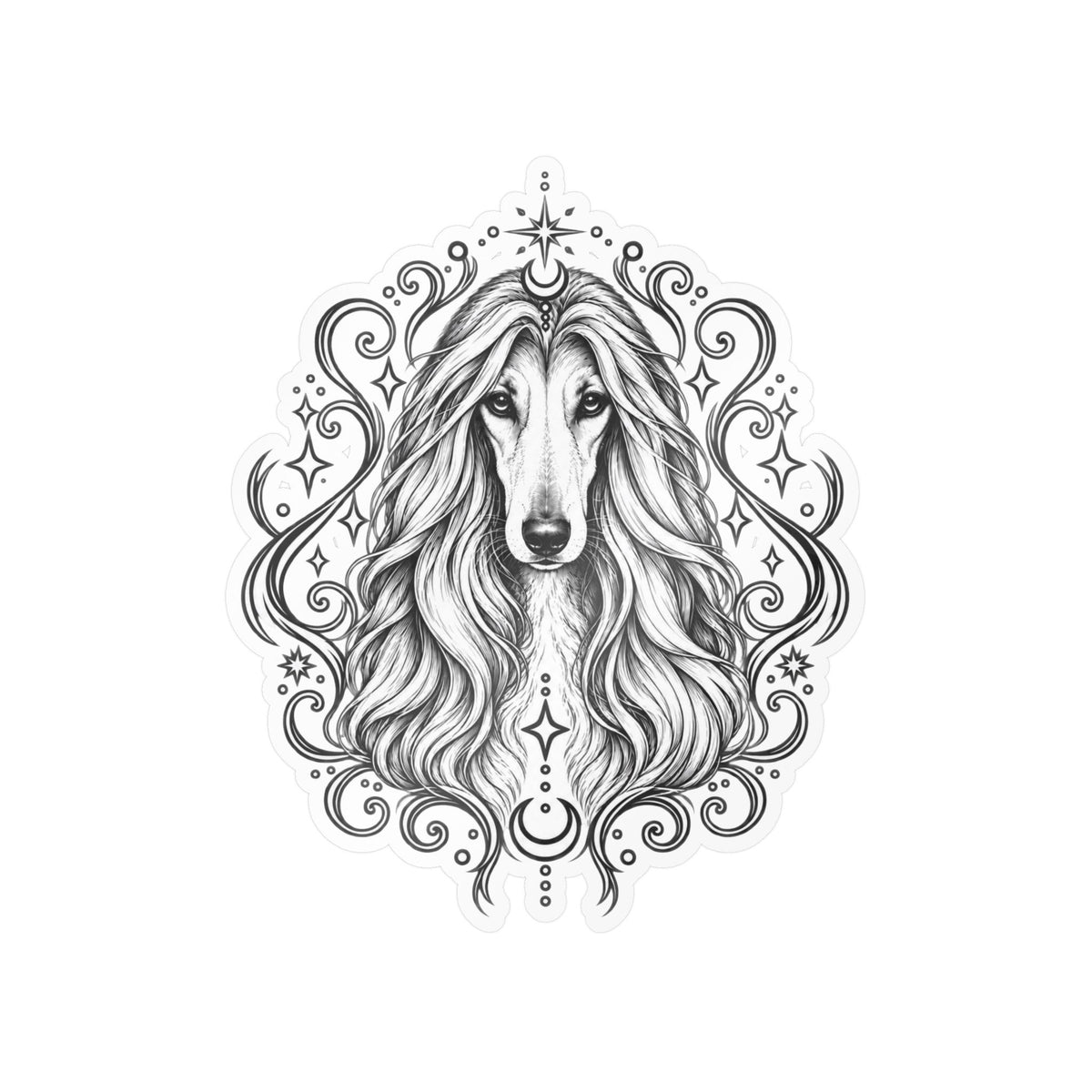 Mystical Afghan Hound Line Art Kiss-Cut Vinyl Sticker — Decorative Dog Portrait Decal