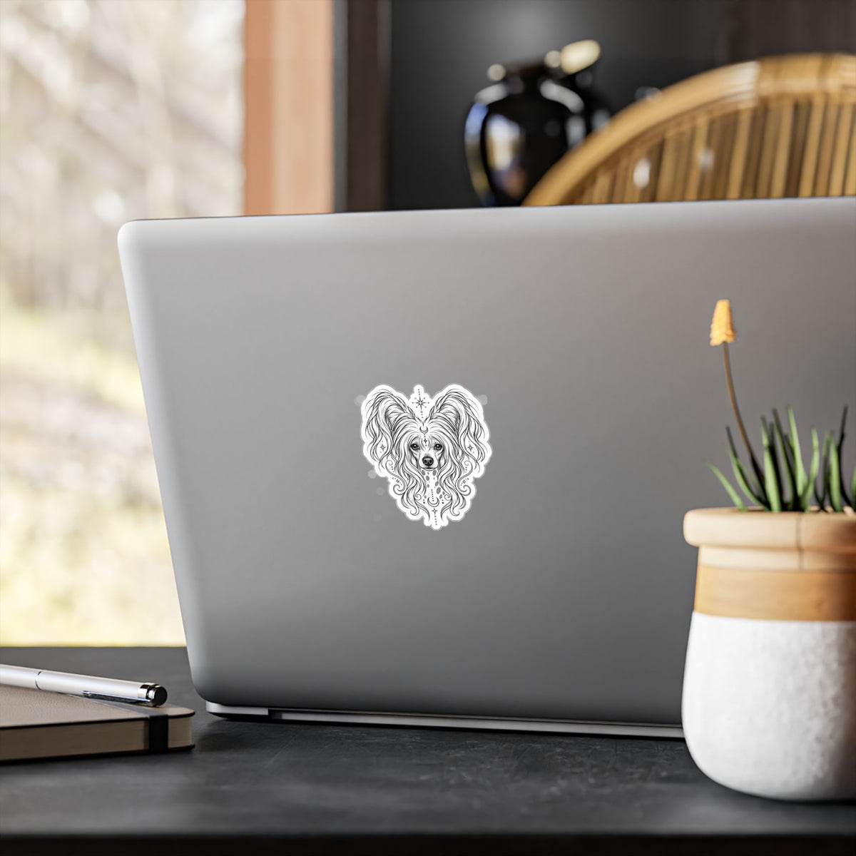 Mystical Chinese Crested Line Art Kiss-Cut Vinyl Sticker — Decorative Dog Portrait Decal