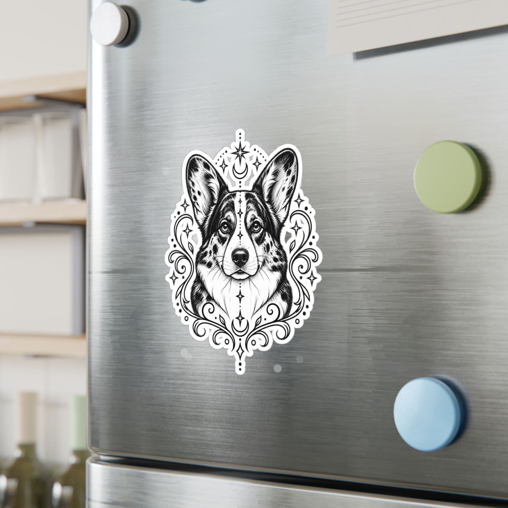 Mystical Cardigan Welsh Corgi Line Art Kiss-Cut Vinyl Sticker — Decorative Dog Portrait Decal