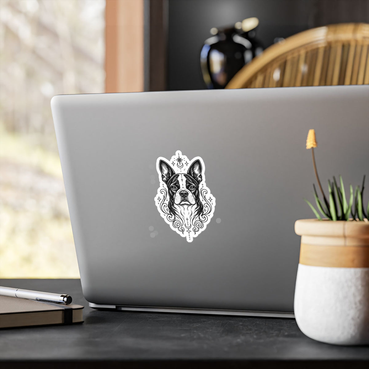 Mystical Boston Terrier Line Art Kiss-Cut Vinyl Sticker — Decorative Dog Portrait Decal