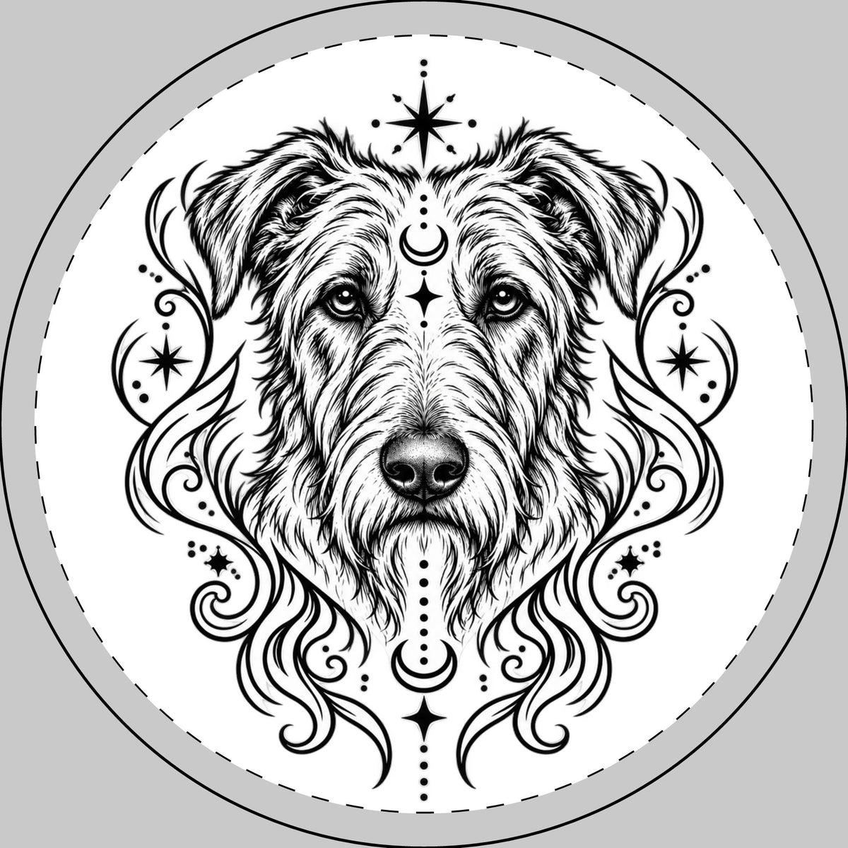 Mystical Irish Wolfhound Round Car Magnet — Boho Dog Face Sticker