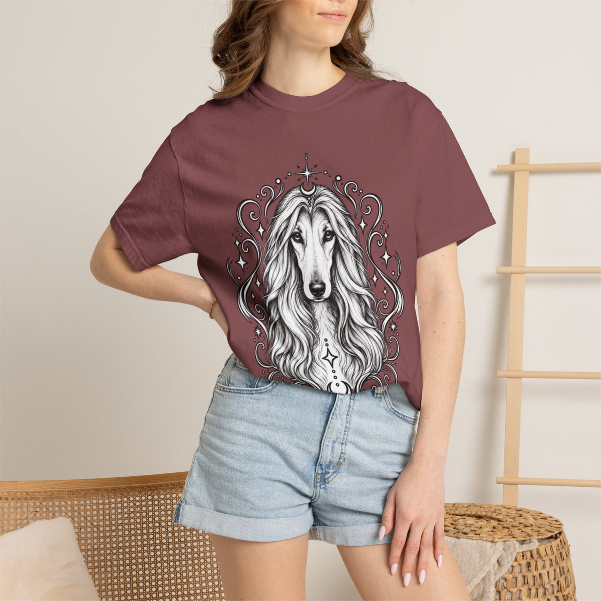 Mystical Afghan Hound Line Art T-Shirt — Minimal Dog Portrait Tee