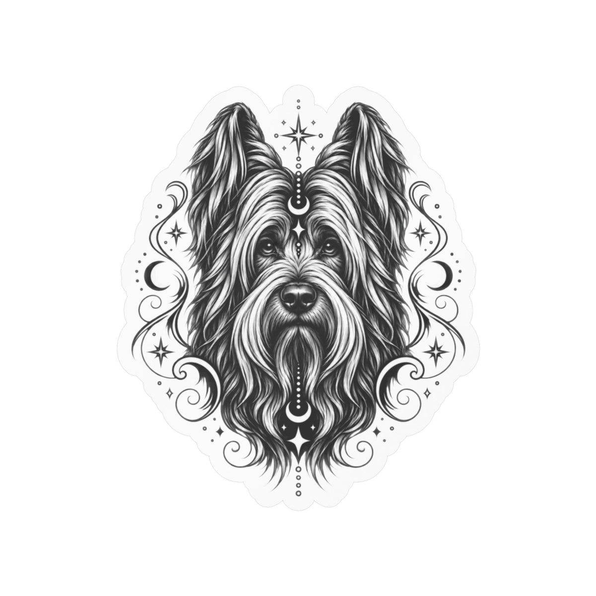 Mystical Briard Line Art Kiss-Cut Vinyl Sticker — Decorative Dog Portrait Decal