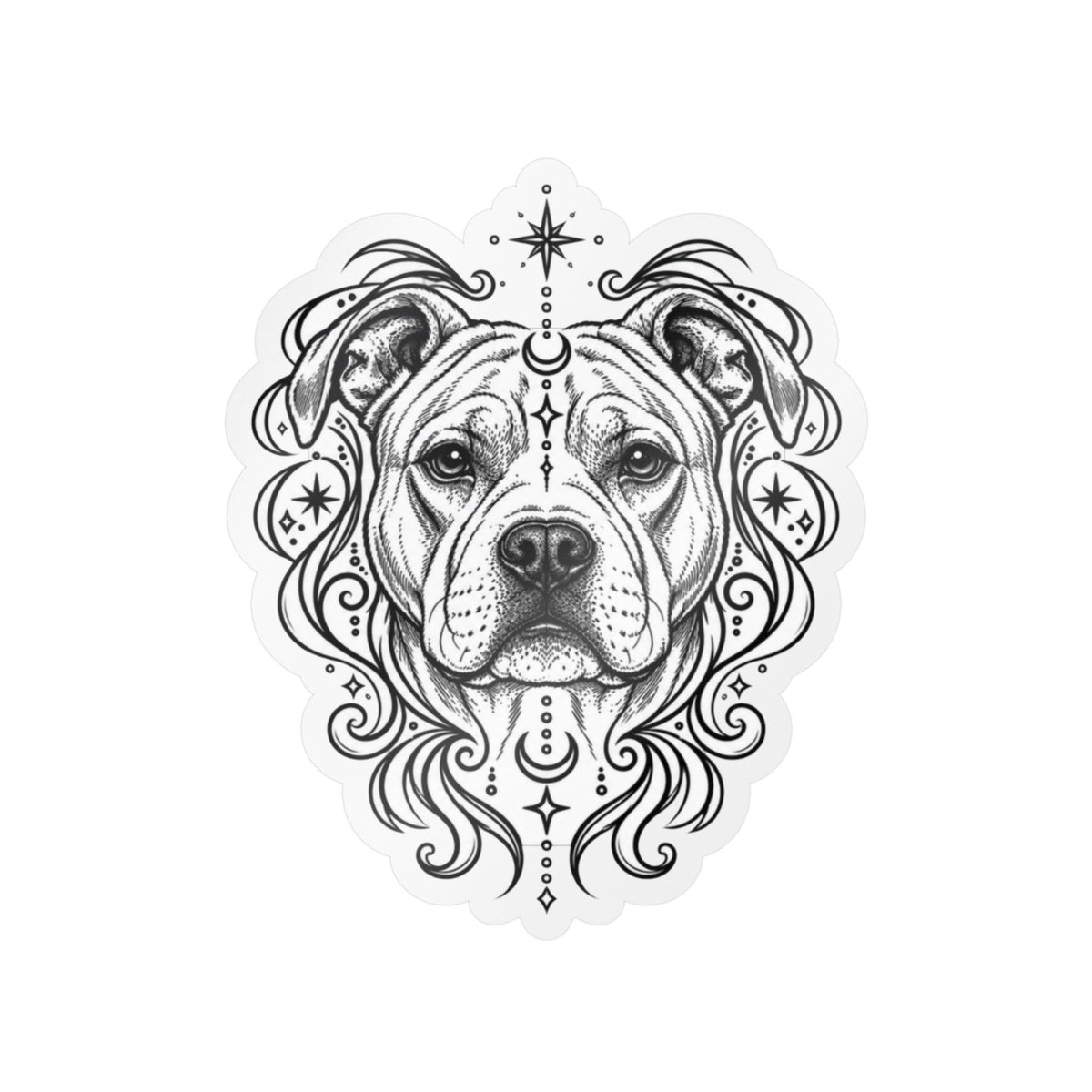 Mystical American Staffordshire Terrier Line Art Kiss-Cut Vinyl Sticker — Decorative Dog Portrait Decal