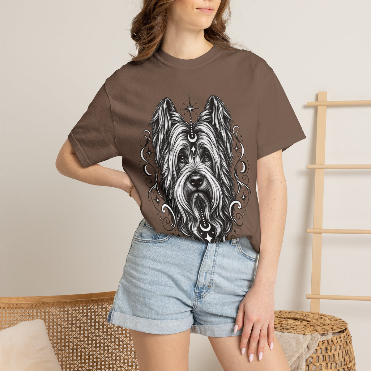 Mystical Briard Line Art T-Shirt — Minimal Dog Portrait Tee