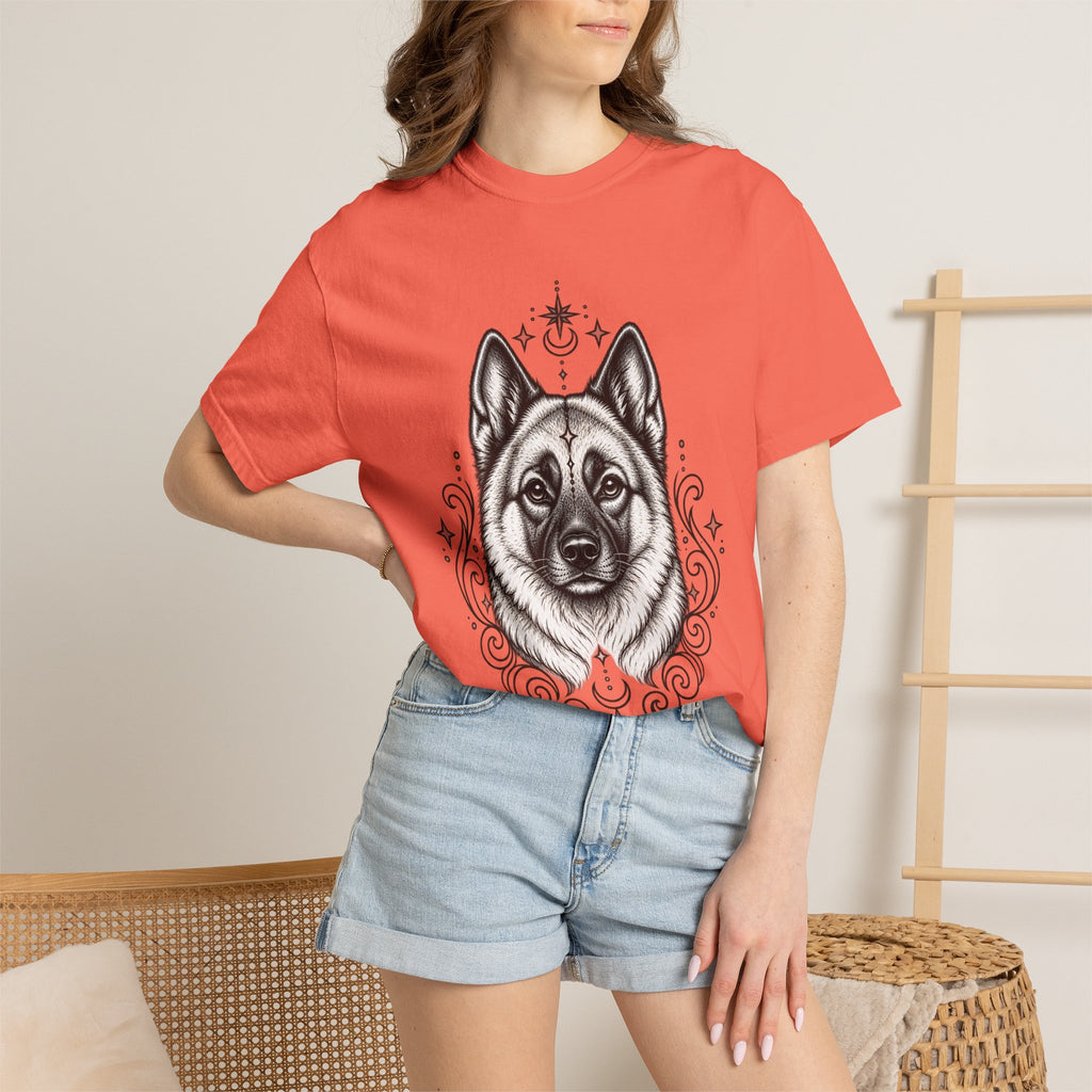 Mystical Norwegian Elkhound Line Art T-Shirt — Minimal Dog Portrait Tee