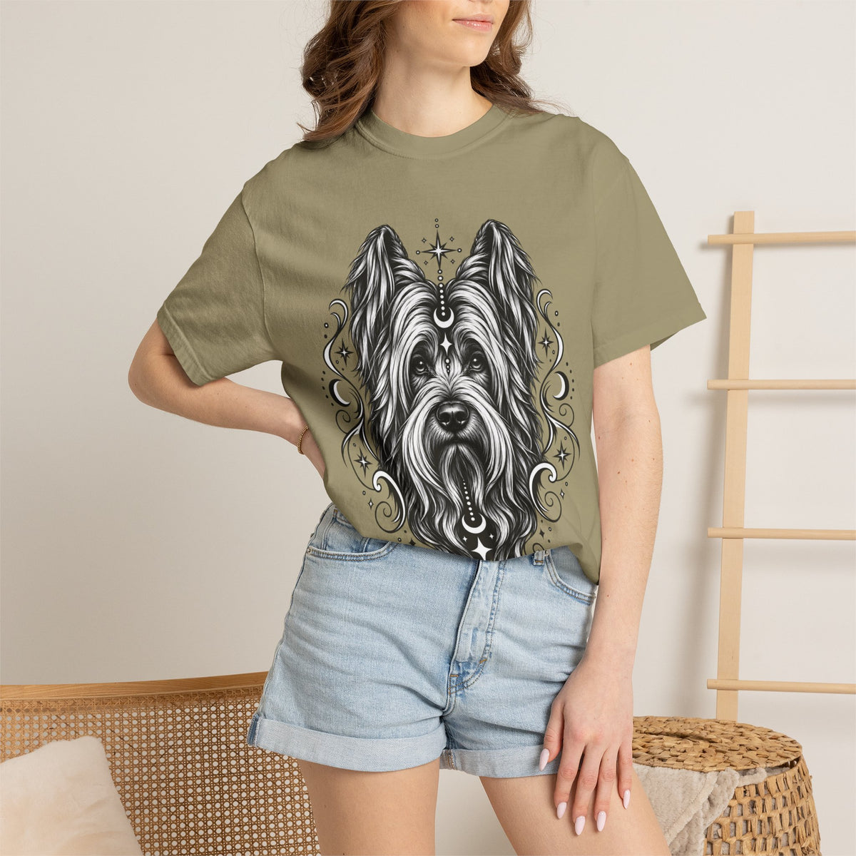 Mystical Briard Line Art T-Shirt — Minimal Dog Portrait Tee
