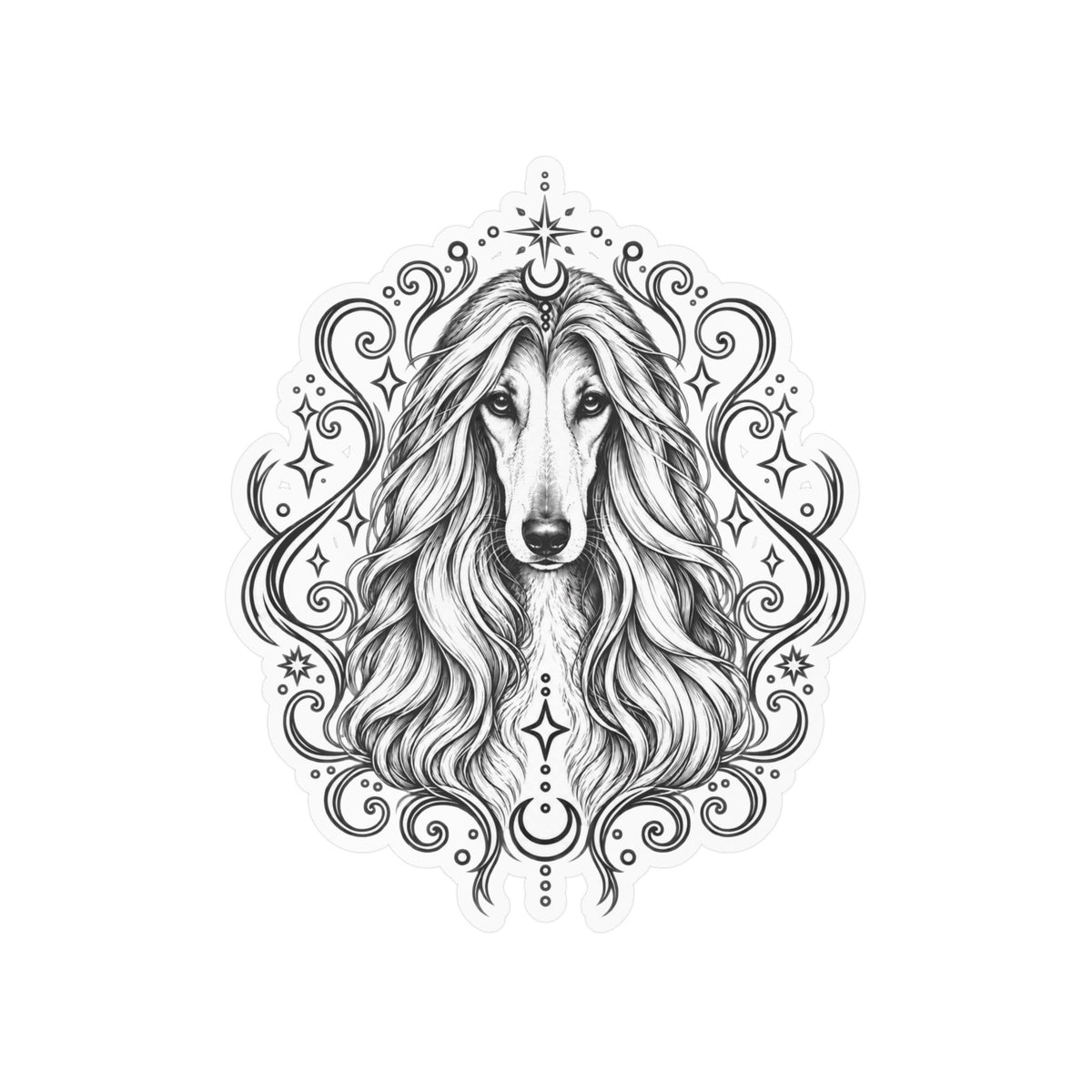 Mystical Afghan Hound Line Art Kiss-Cut Vinyl Sticker — Decorative Dog Portrait Decal