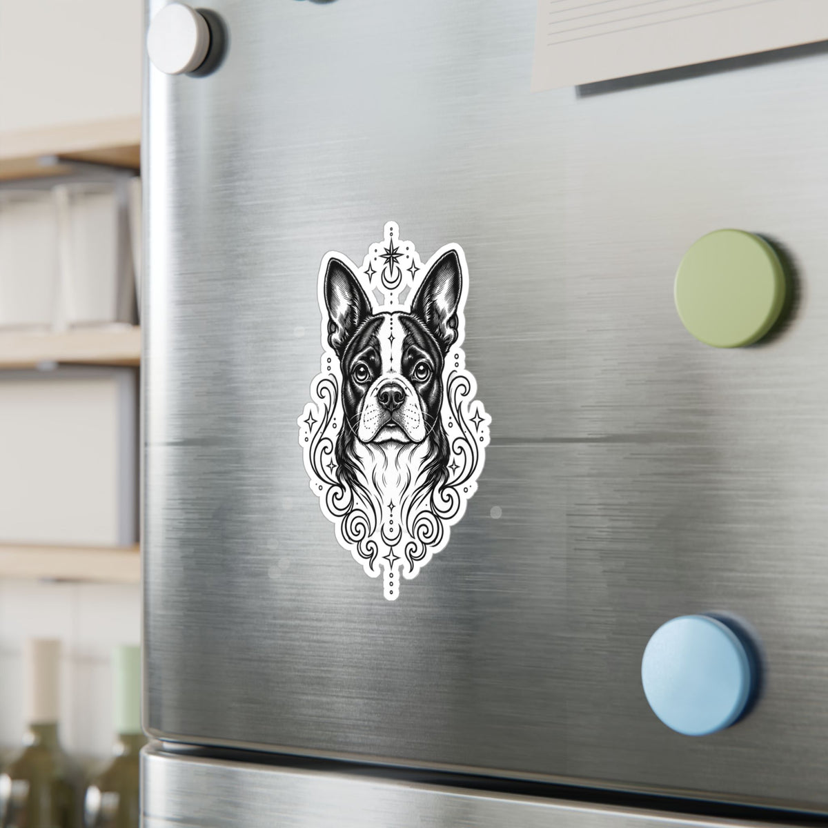 Mystical Boston Terrier Line Art Kiss-Cut Vinyl Sticker — Decorative Dog Portrait Decal