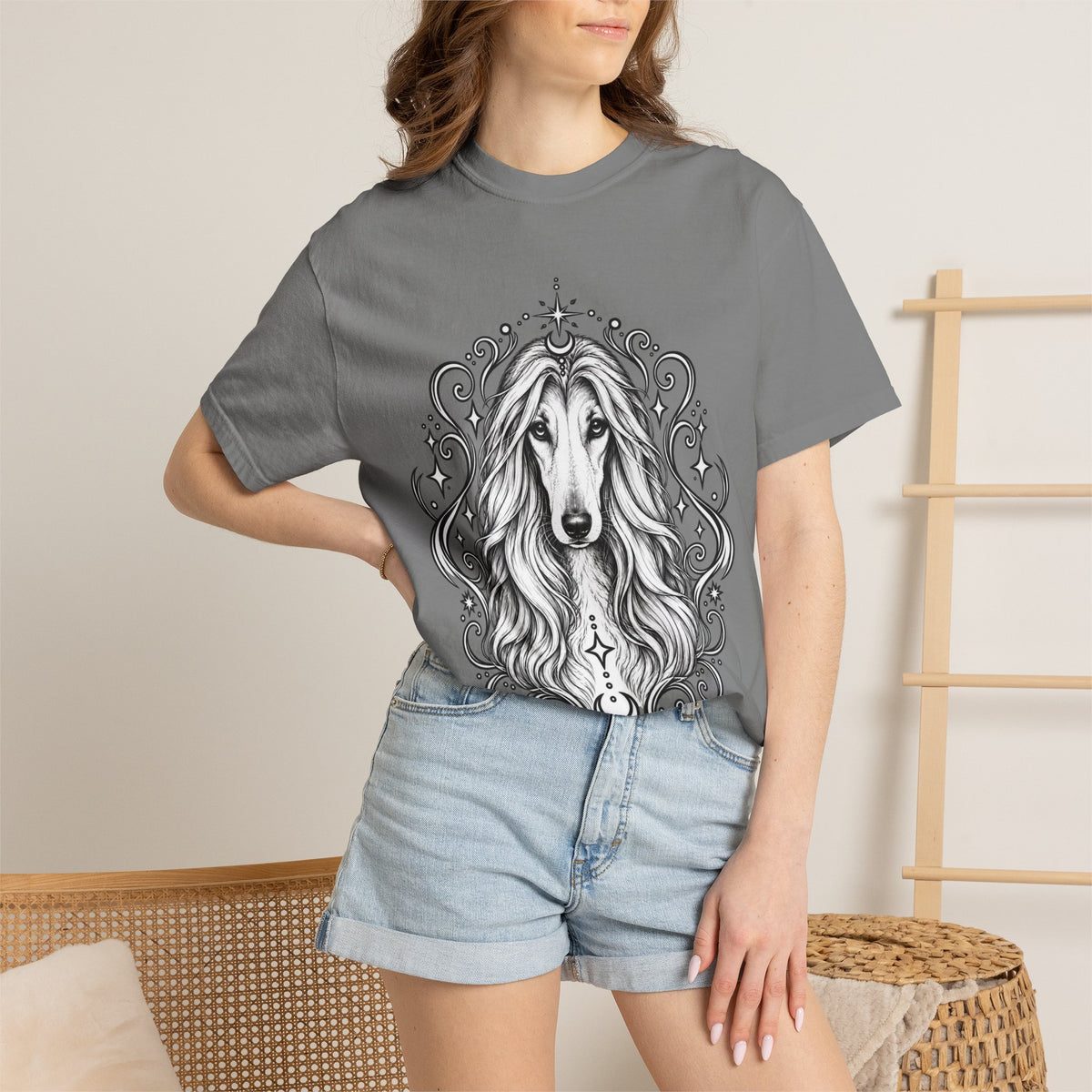 Mystical Afghan Hound Line Art T-Shirt — Minimal Dog Portrait Tee