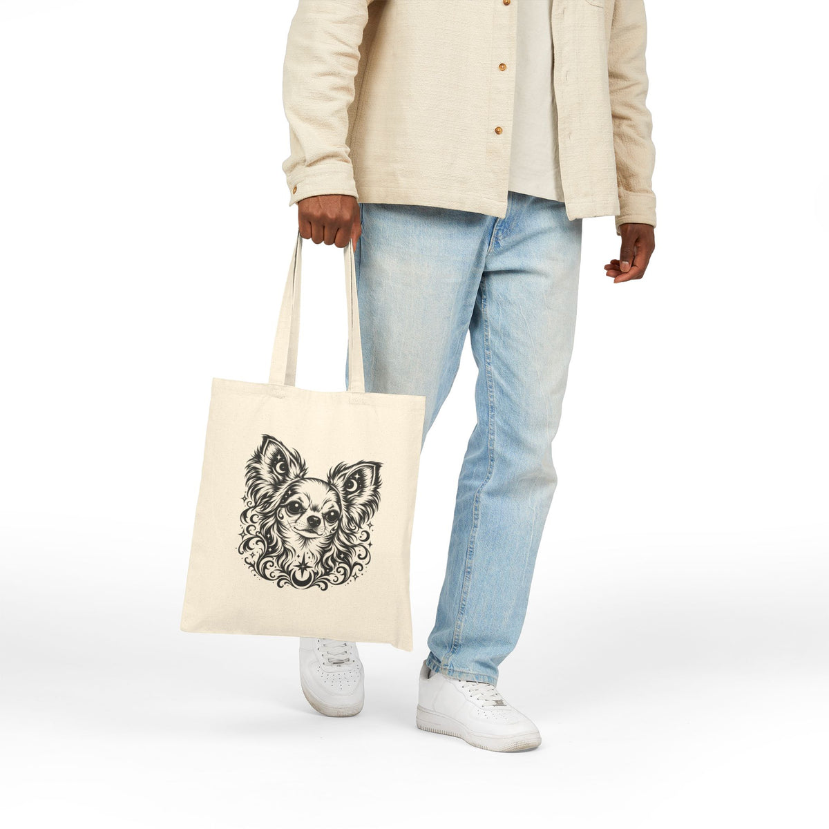 Mystical  Chihuahua LH Line Art Canvas Tote — Dog Portrait Cotton Shopper