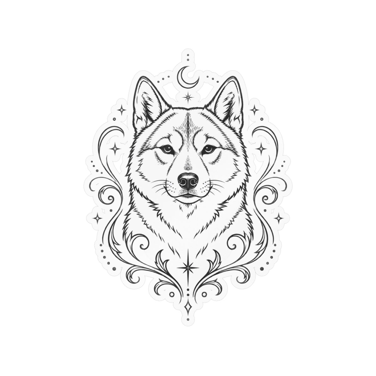 Mystical Shikoku Line Art Kiss-Cut Vinyl Sticker — Decorative Dog Portrait Decal