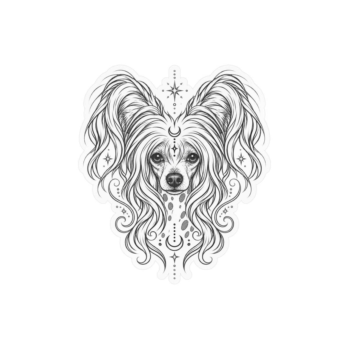 Mystical Chinese Crested Line Art Kiss-Cut Vinyl Sticker — Decorative Dog Portrait Decal