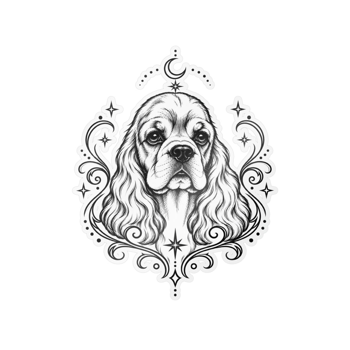 Mystical American Cocker Spaniel Line Art Kiss-Cut Vinyl Sticker — Decorative Dog Portrait Decal