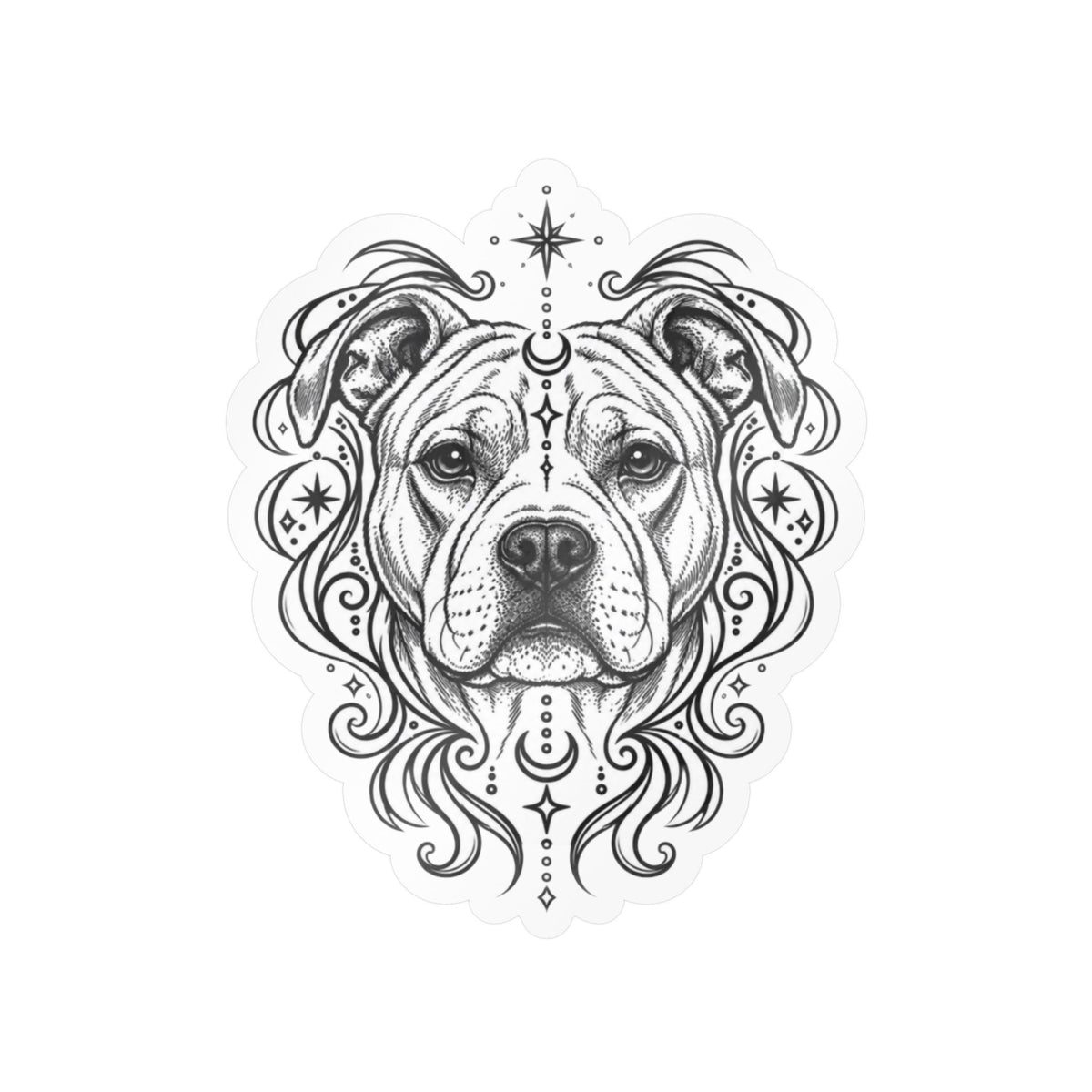 Mystical American Staffordshire Terrier Line Art Kiss-Cut Vinyl Sticker — Decorative Dog Portrait Decal