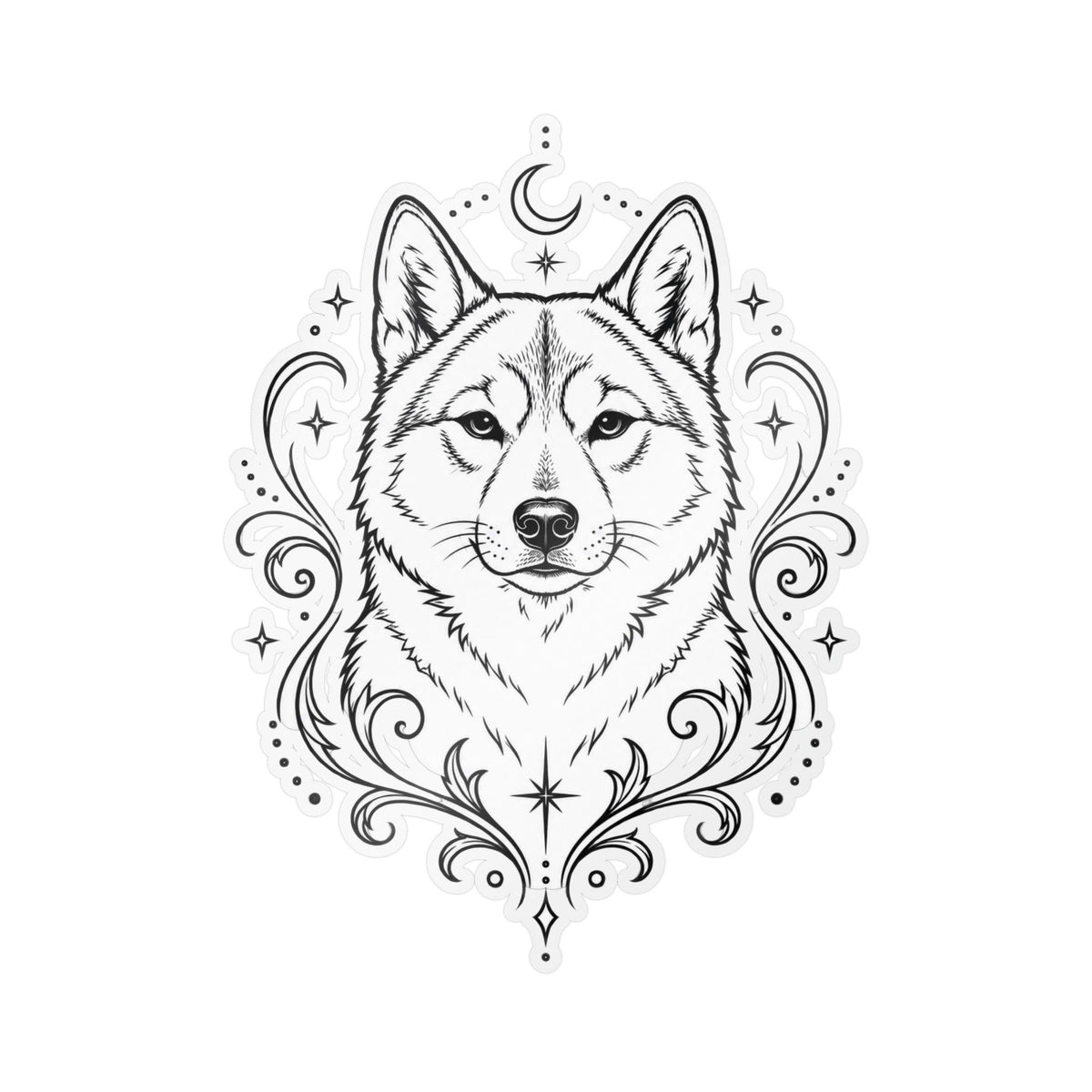Mystical Shikoku Line Art Kiss-Cut Vinyl Sticker — Decorative Dog Portrait Decal