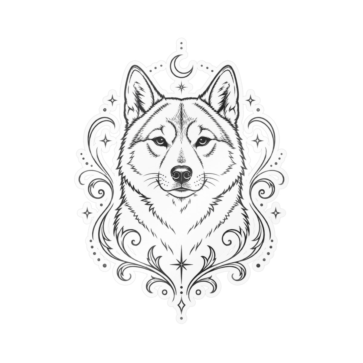 Mystical Shikoku Line Art Kiss-Cut Vinyl Sticker — Decorative Dog Portrait Decal