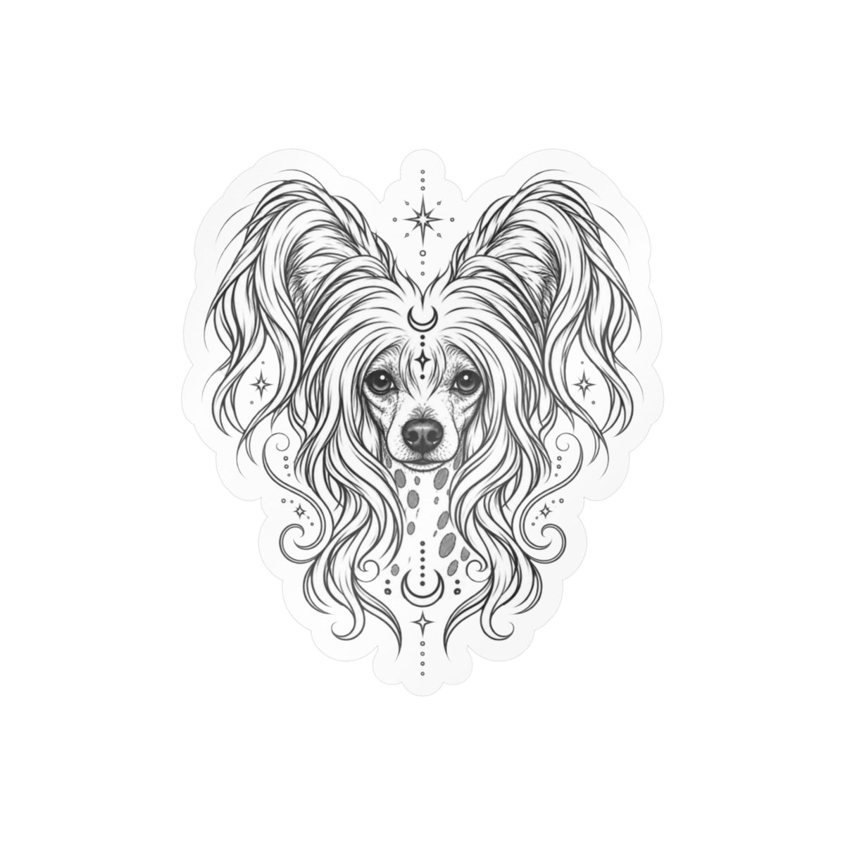 Mystical Chinese Crested Line Art Kiss-Cut Vinyl Sticker — Decorative Dog Portrait Decal
