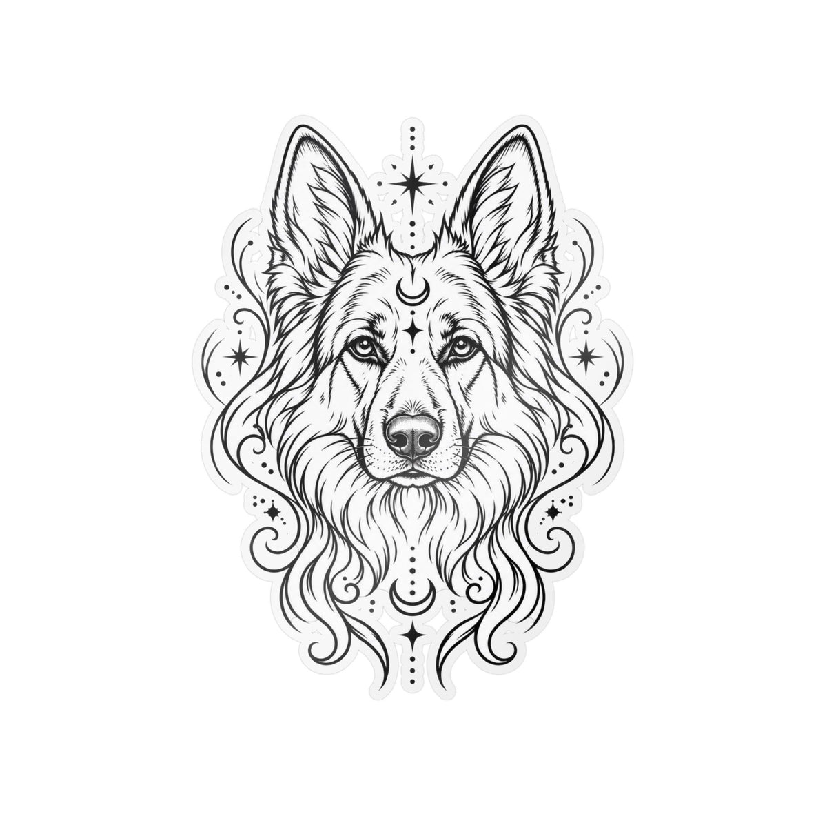 Mystical White Swiss Shepherd Line Art Kiss-Cut Vinyl Sticker — Decorative Dog Portrait Decal