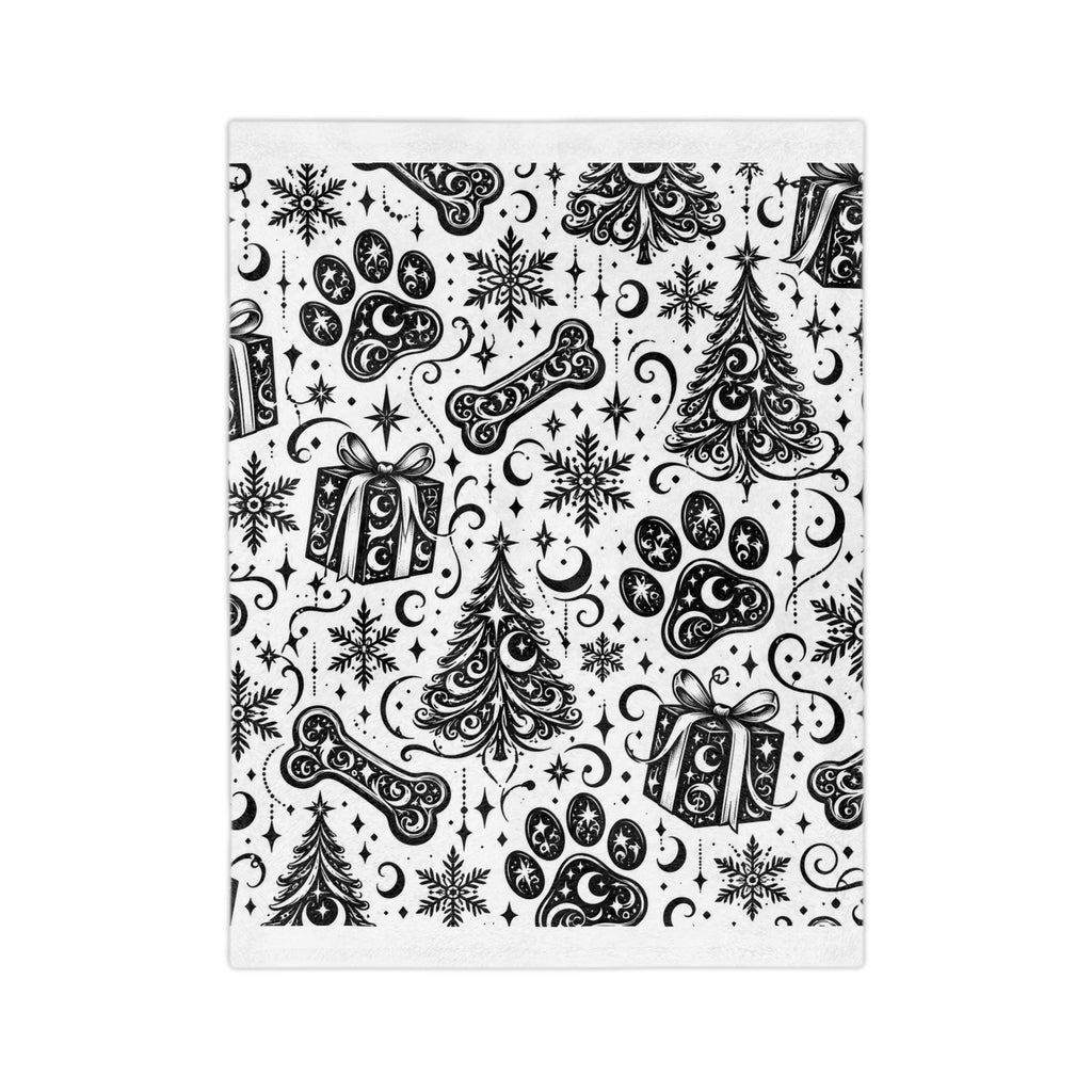 Holiday Pet Paw Print Microfiber Blanket — Black & White Christmas Tree, Gifts & Bones Pattern