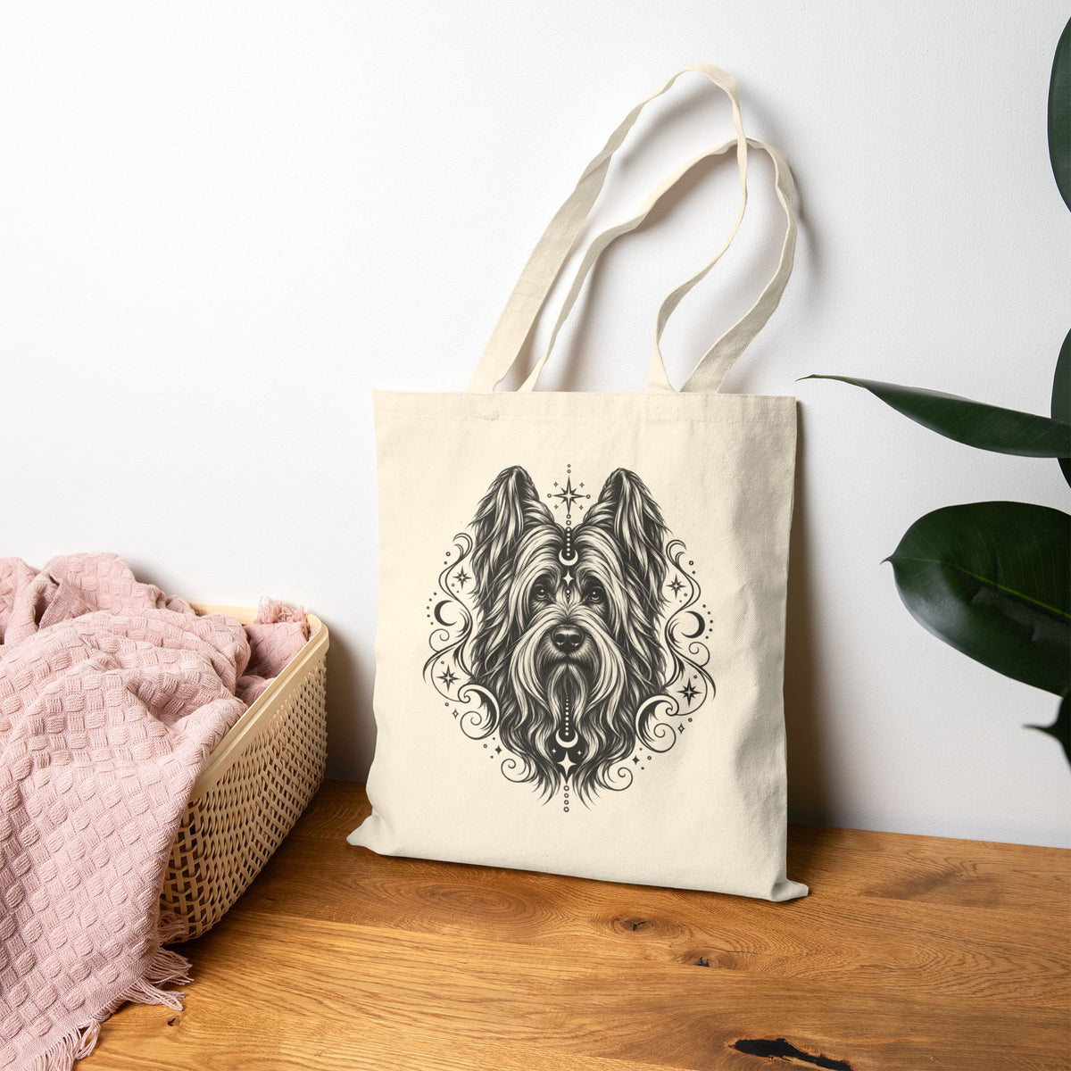 Mystical Briard CE Line Art Canvas Tote — Dog Portrait Cotton Shopper