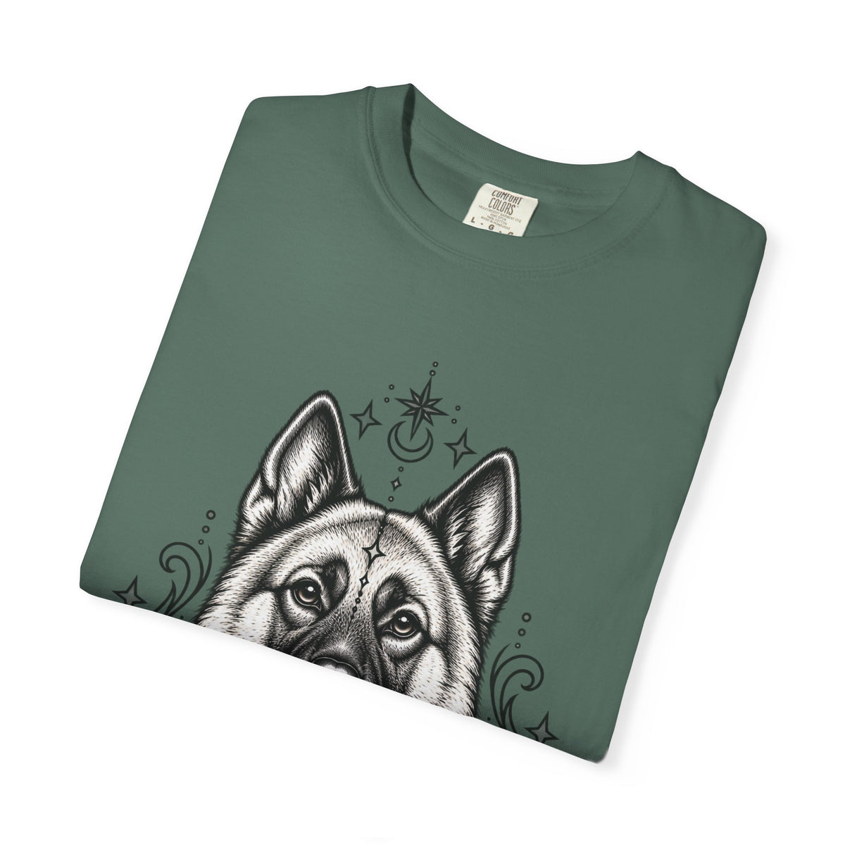Mystical Norwegian Elkhound Line Art T-Shirt — Minimal Dog Portrait Tee